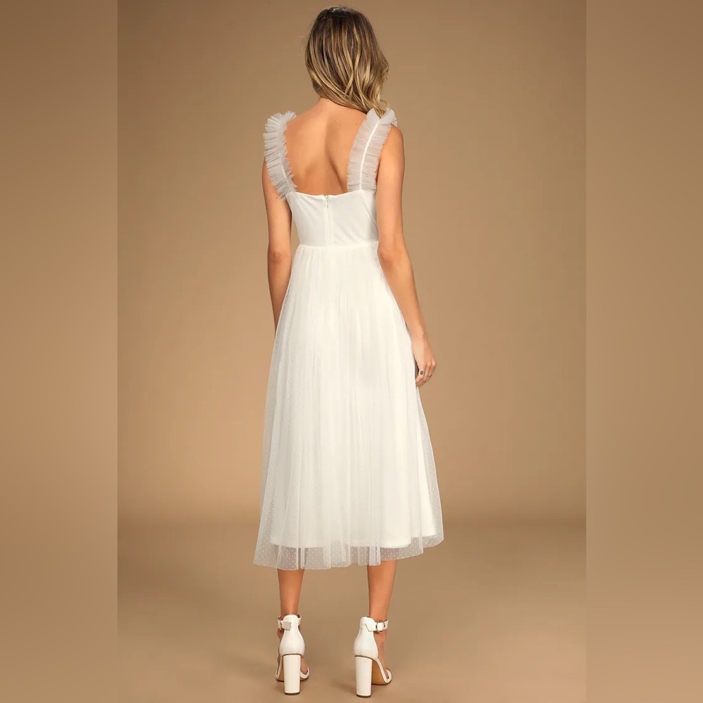 Lulu’s Divine Invitation White Cream Dot Tulle Ruffle Fun Midi Bridal Dress - Picture 3 of 10